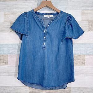 LOFT Chambray Flutter Sleeve Henley Top Blue Lyocell Linen Womens XSP XS Petite